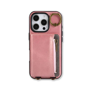 Leather iPhone Cases With Card Holder And Wrist Strap Pink-BC25041 Burycase
