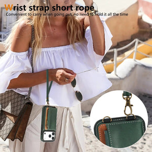 Leather iPhone Cases With Card Holder And Wrist Strap Green-BC25040 Burycase