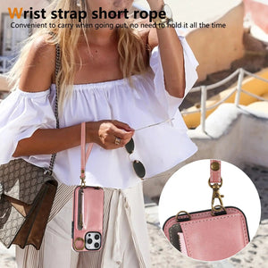 Leather iPhone Cases With Card Holder And Wrist Strap Pink-BC25041 Burycase