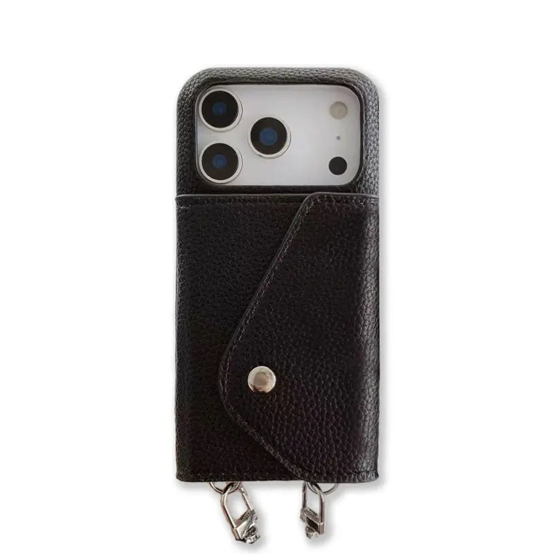 Leather iPhone Case With Card Holder And Strap Black-BC25025 Burycase