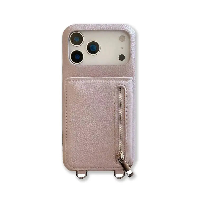 Leather iPhone Case With Mirror & Strap And Card Holder Purlple-BC25026 Burycase