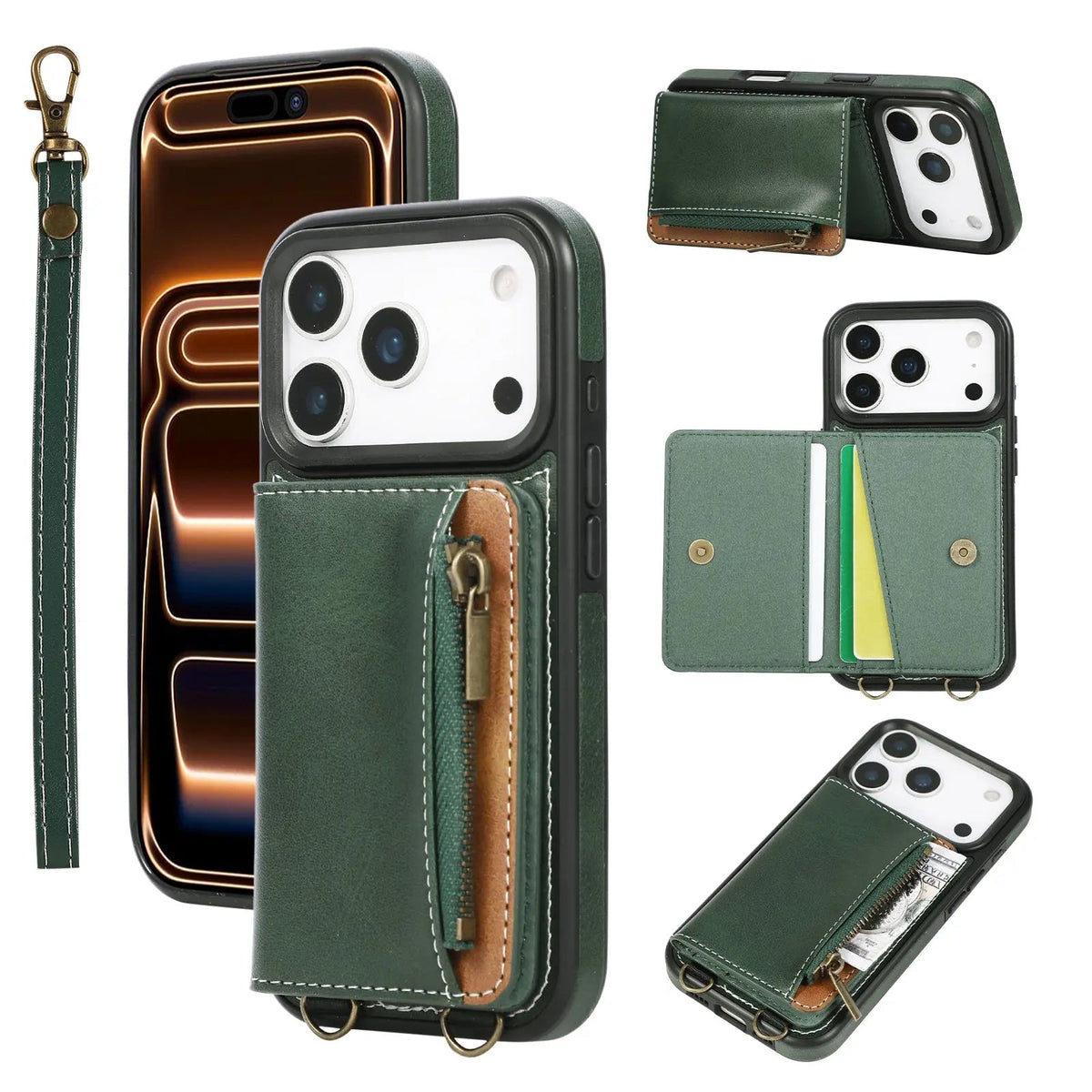 Leather iPhone Cases With Card Holder And  Wrist Strap Green-BC25040 Burycase