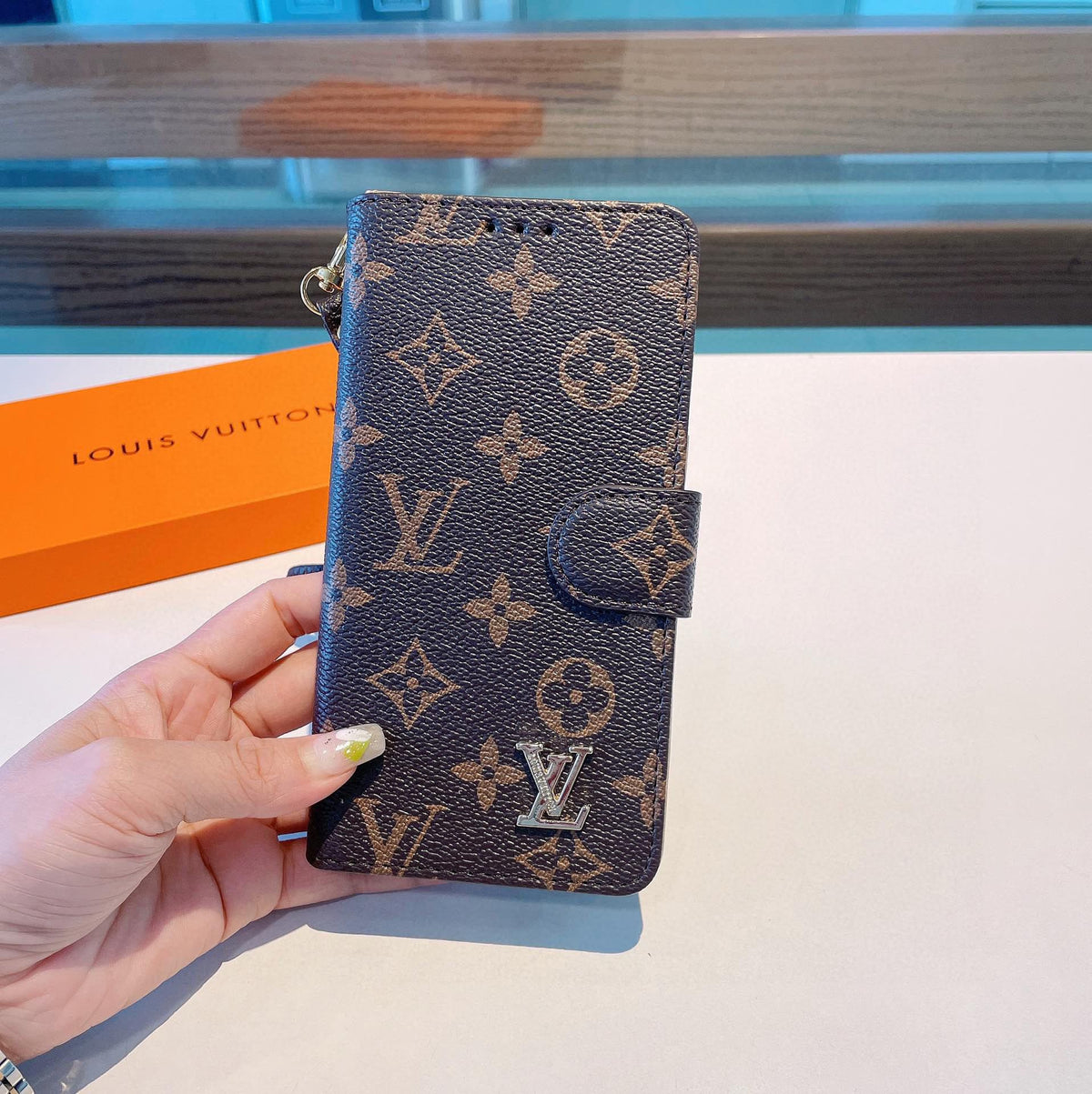 Classic  Folio Monogram iPhone Case With Wallet And Strap Big Printing-CFLB251102