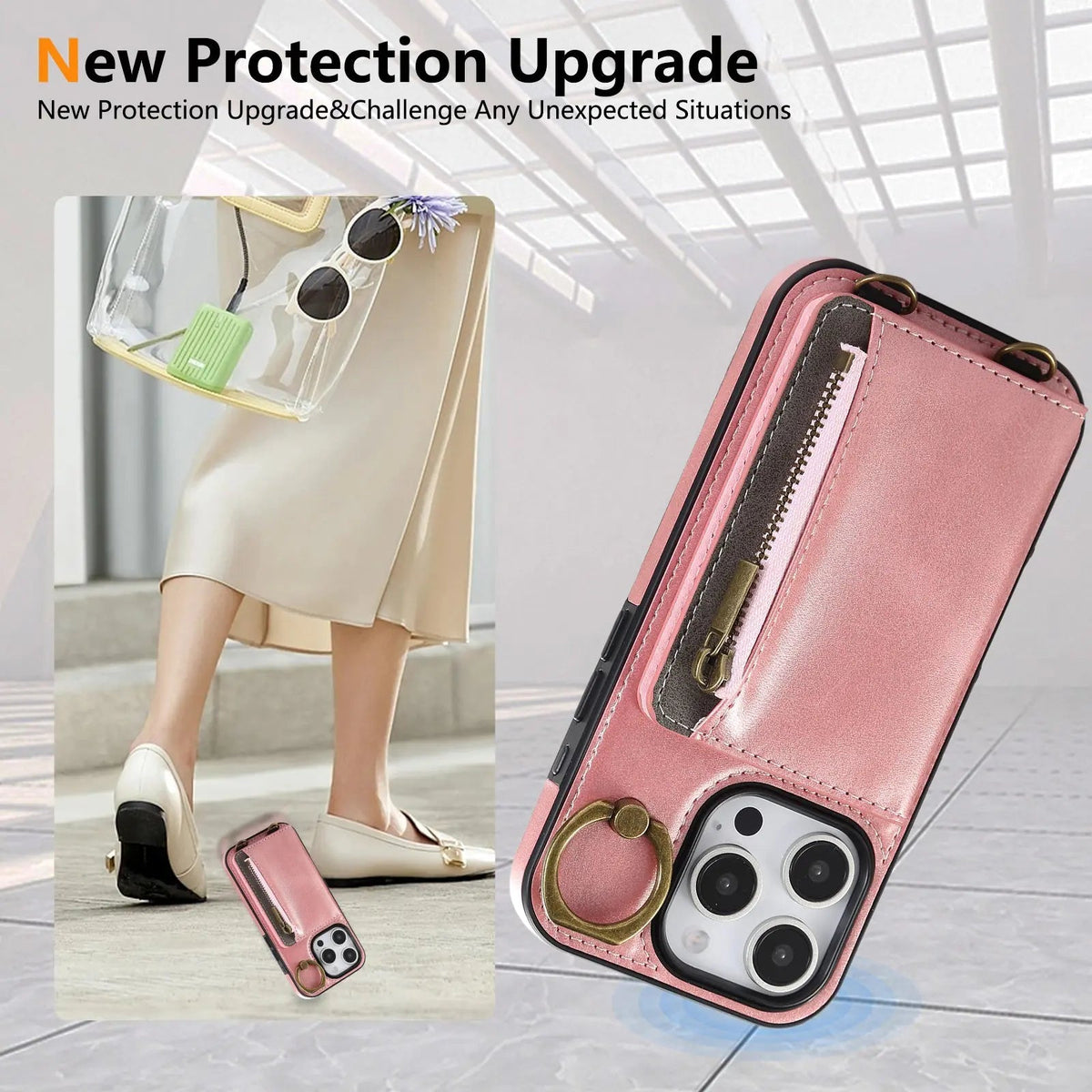 Leather iPhone Cases With Card Holder And  Wrist Strap Pink-BC25041 Burycase