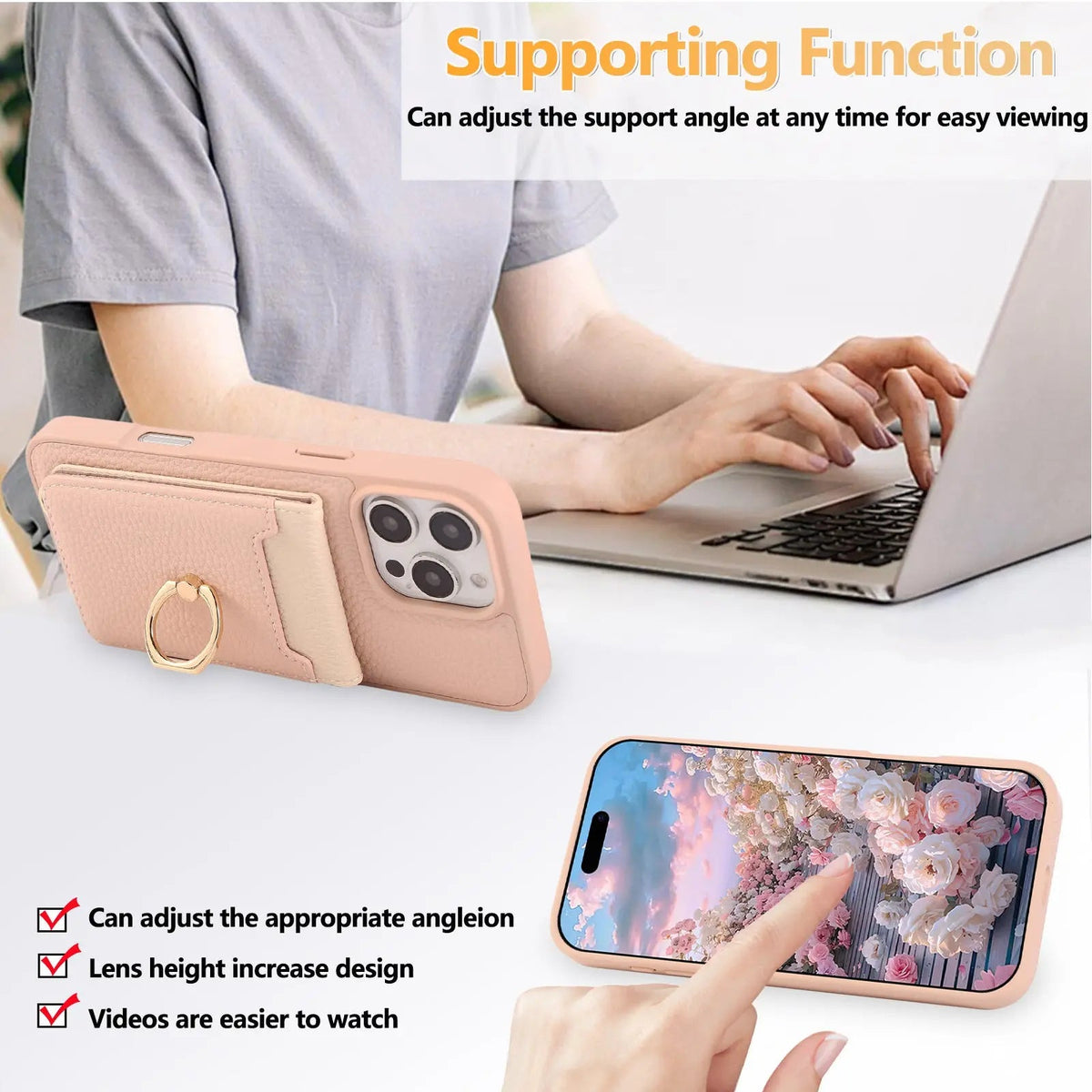Leather iPhone Cases With Card Holder And Strap（With Stand）Pink-BC25039 Burycase