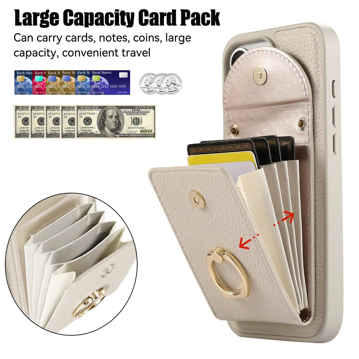 Leather iPhone Cases With Card Holder And Strap（With Stand） White-BC25031 Burycase