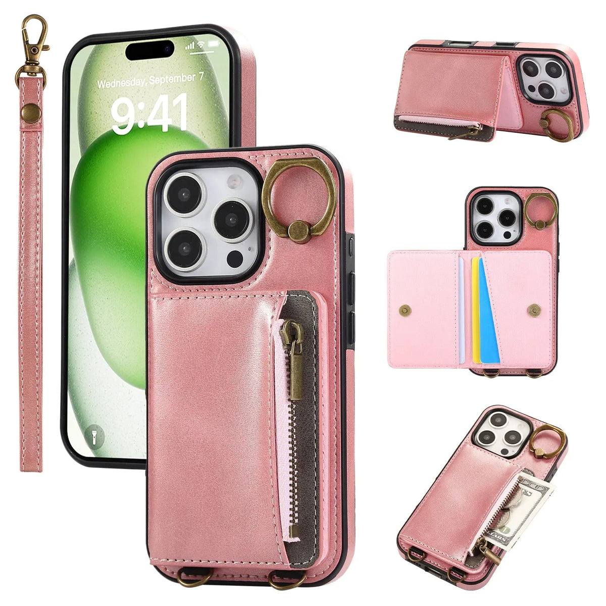 Leather iPhone Cases With Card Holder And  Wrist Strap Pink-BC25041 Burycase