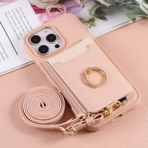 Leather iPhone Cases With Card Holder And Strap（With Stand）Pink-BC25039 Burycase