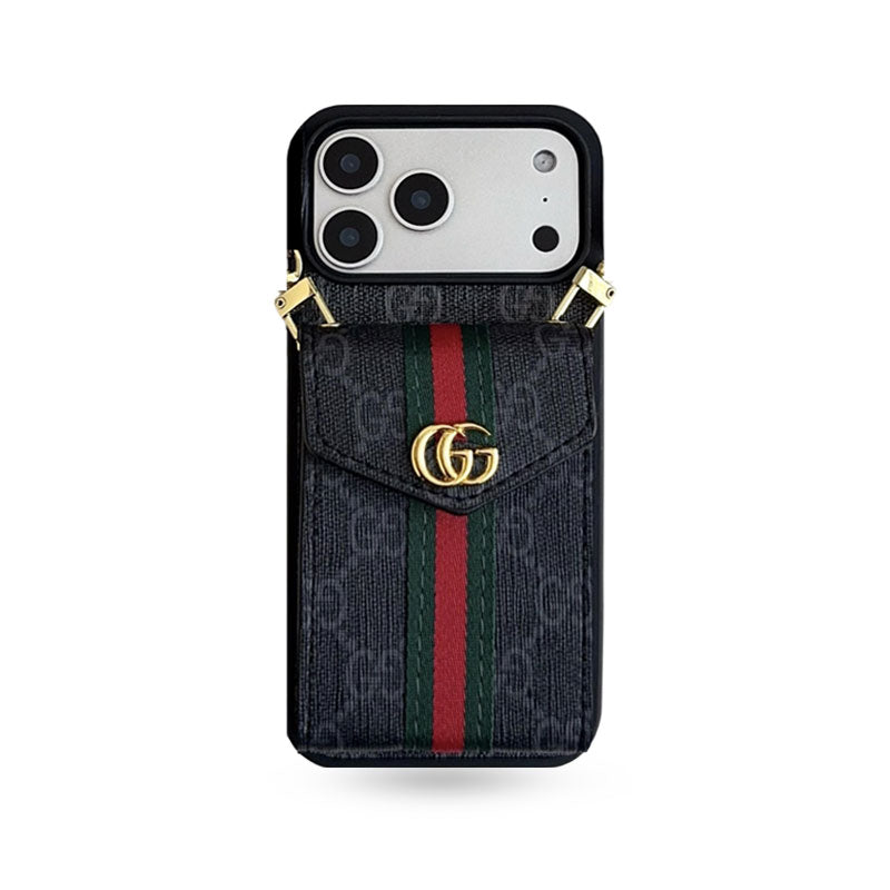 Classic Leather GG iPhone Case With Card Holder And Strap Black-CFK251106