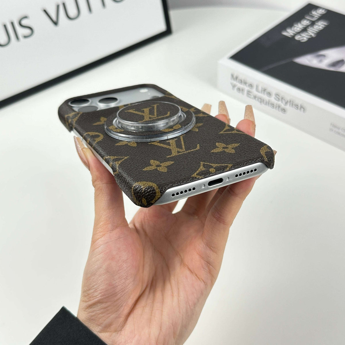 Classic Leather Monogram iPhone Case With Magnetic Stand Big Printing For iPhone 17 Series-CYLV062