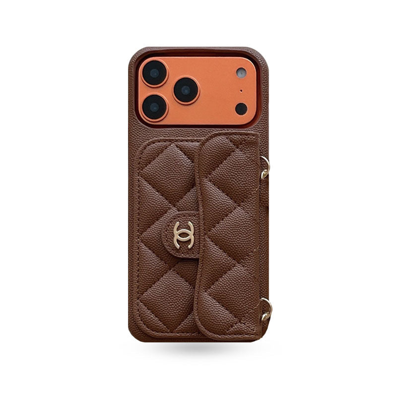 Textured Leather CC iPhone Case With Wallet And Wrist Strap Brown For iPhone 17 Series-CYCC045