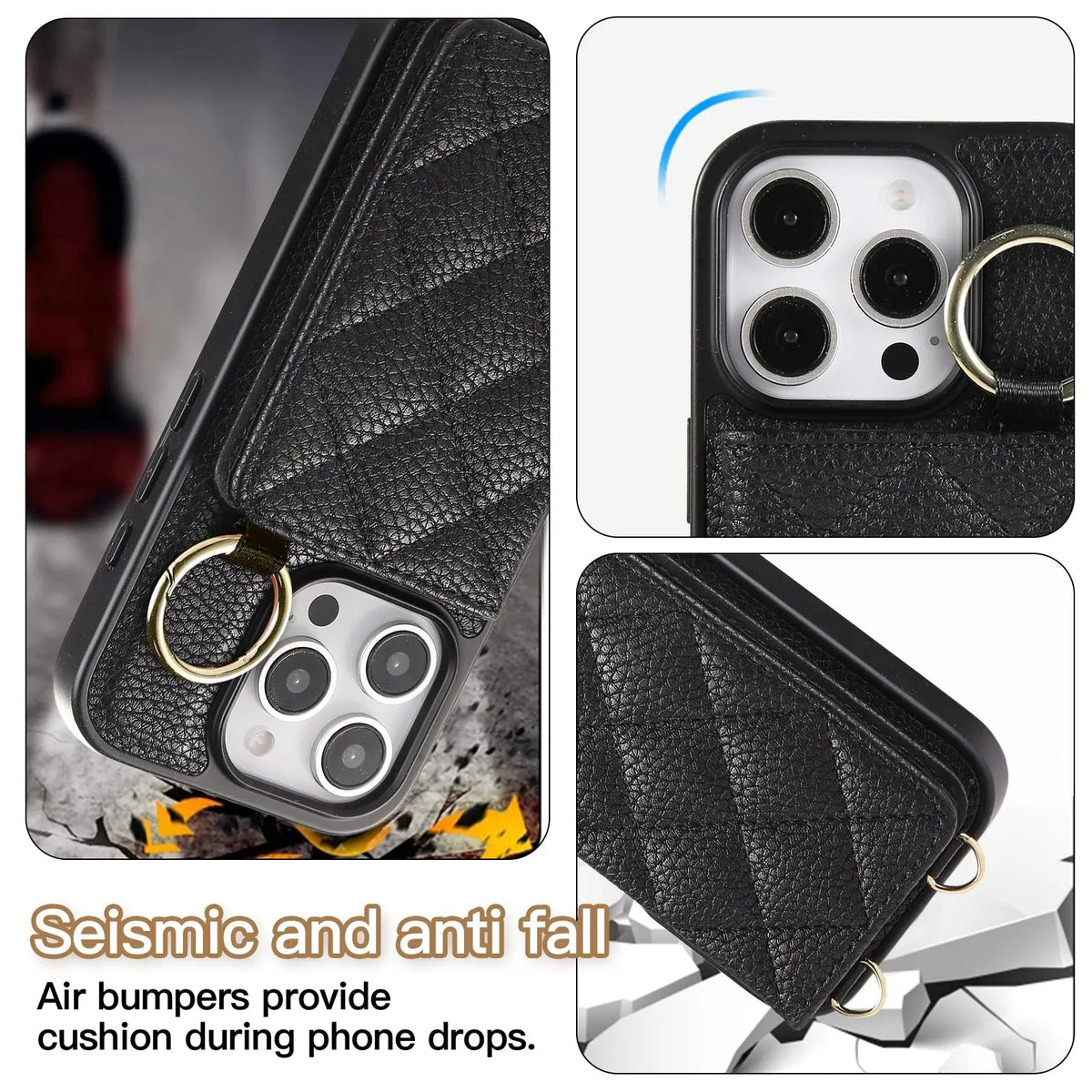 Leather iPhone Cases With Card Holder & Mirror And Strap Black-BC25033 Burycase