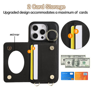 Leather iPhone Cases With Card Holder & Mirror And Strap Black-BC25033 Burycase