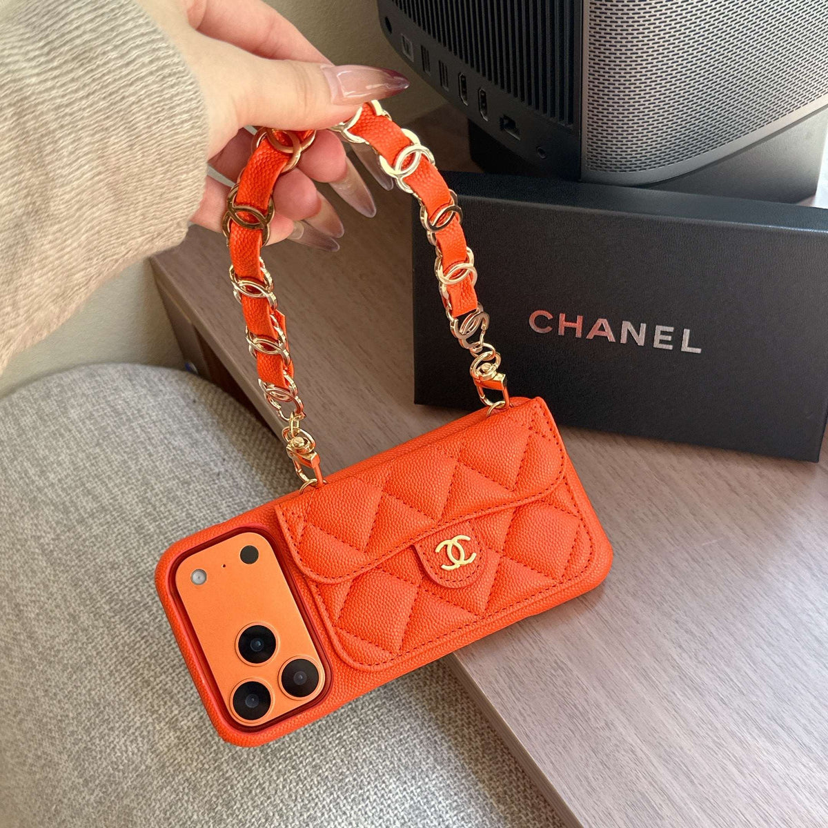 Textured Leather CC iPhone Case With Wallet And Wrist Strap Orange For iPhone 17 Series-CYCC046