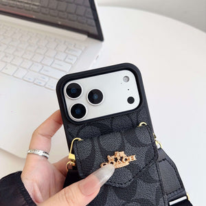 Leather CH iPhone Case With Card Holder And Strap-CFP251105
