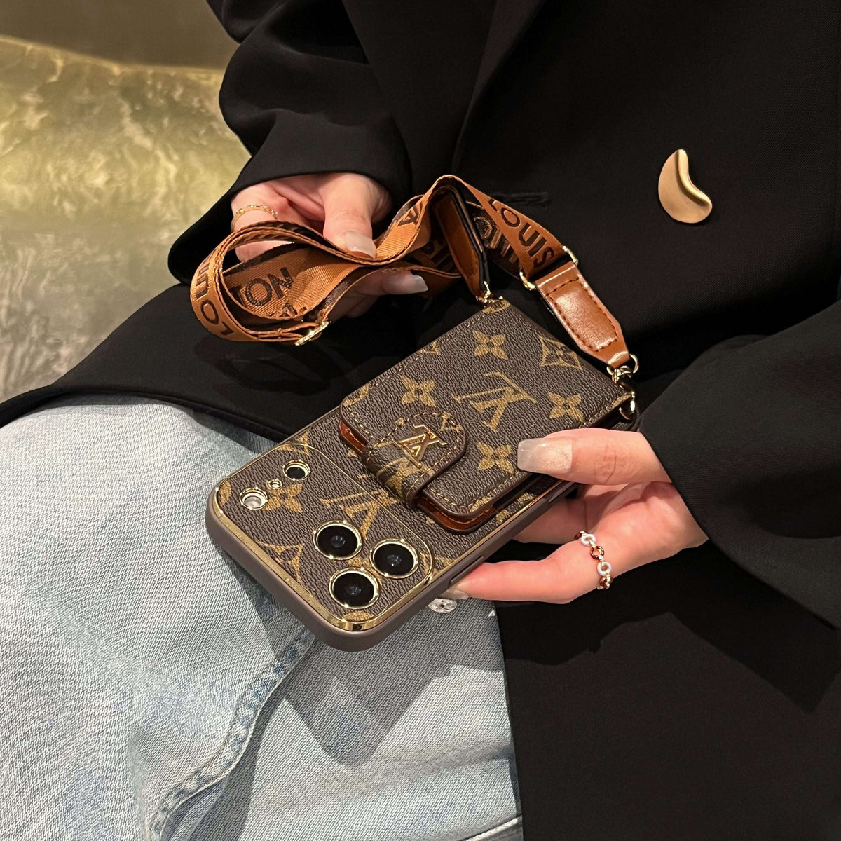 Elegant Leather Monogram iPhone Case With Card Holder And Strap For iPhone 17 Series-CYLV007