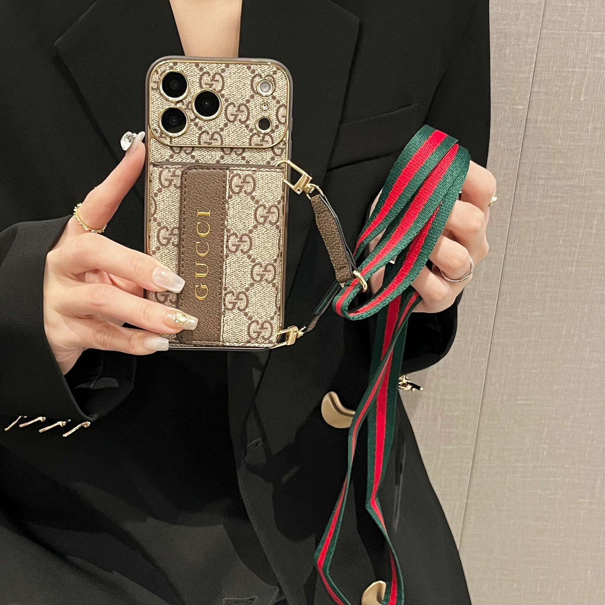 Refined GG iPhone Case With Wallet And Crossbody Strap For iPhone 17 Series-CYGG008