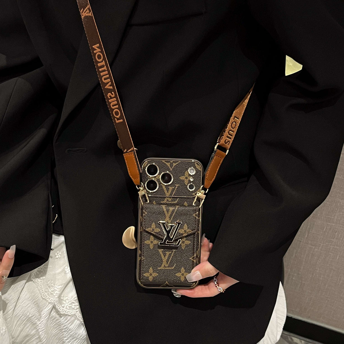 Leather Monogram iPhone Case With Card Holder And Strap For iPhone 17 Series-CYLV004