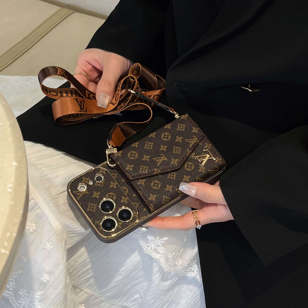 Luxury Monogram iPhone Case With Card Holder And Strap For iPhone 17 Series-CYLV002