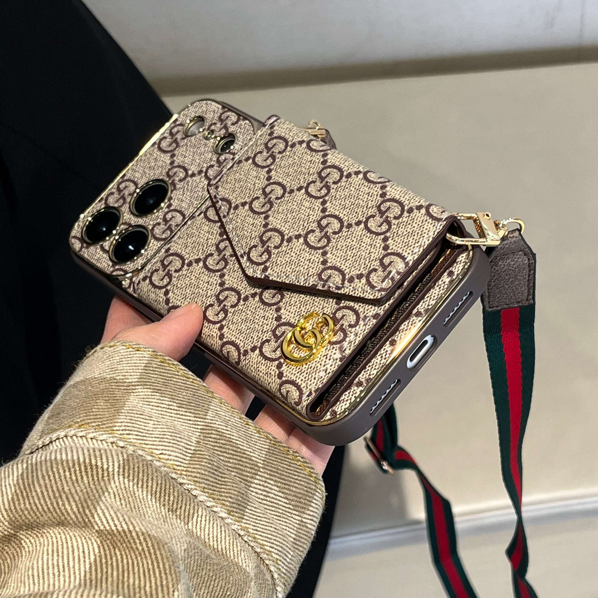 Premium GG iPhone Case With Wallet And Crossbody Strap For iPhone 17 Series-CYGG003