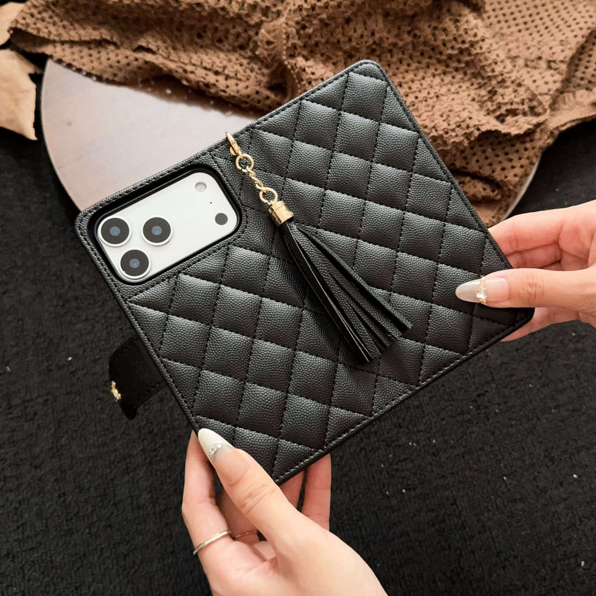 Luxury CC iPhone Case With Flip Wallet Black For iPhone 17 Series-CYCC010