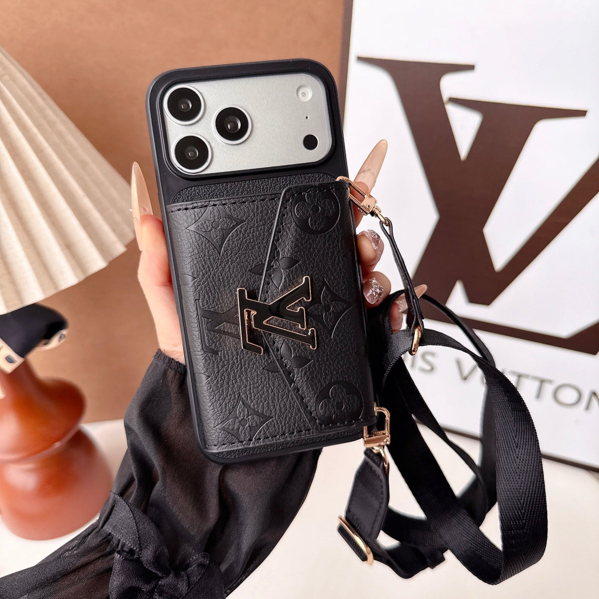 Premium Leather Monogram iPhone Case With  Card Holder And Crossbody Strap For iPhone 17 Series-LA260043