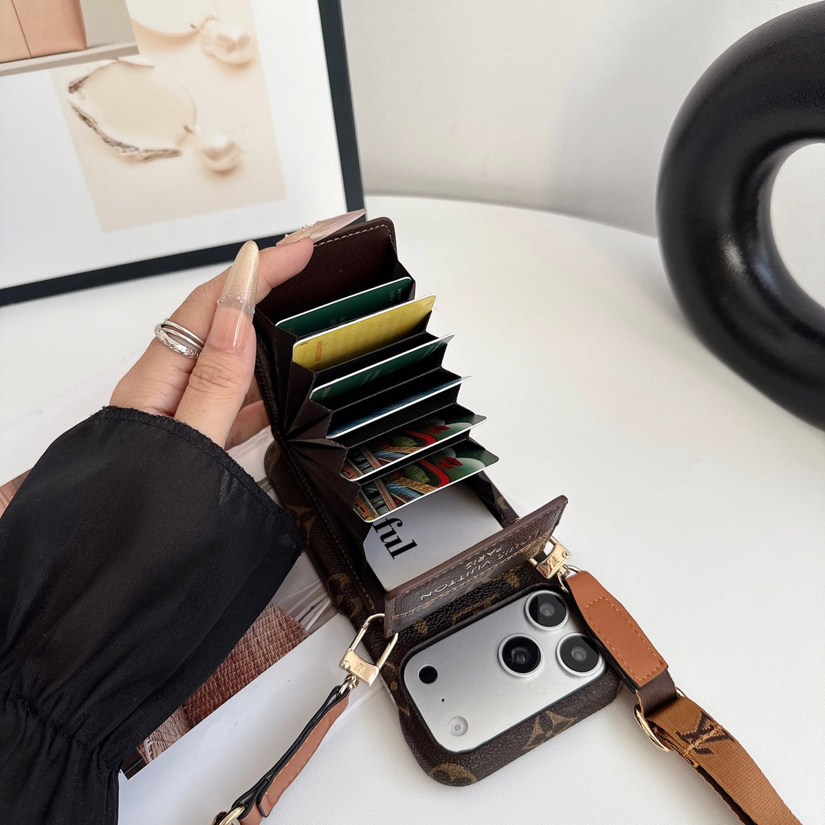 Classic Leather Monogram iPhone Case With Card Holder And Crossbody Strap For iPhone 17 Series-LA260041