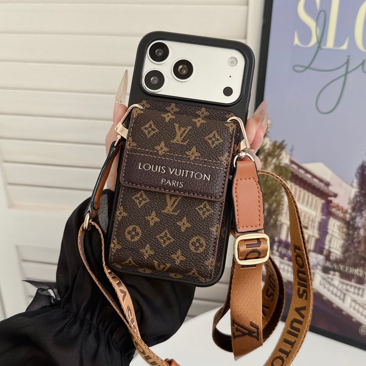 Luxury Leather Monogram iPhone Case With Card Holder And Crossbody Strap For iPhone 17 Series-LA260042