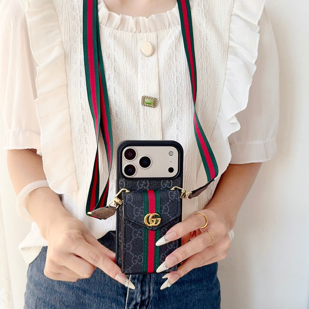 Classic Leather GG iPhone Case With Card Holder And Strap Black-CFK251106
