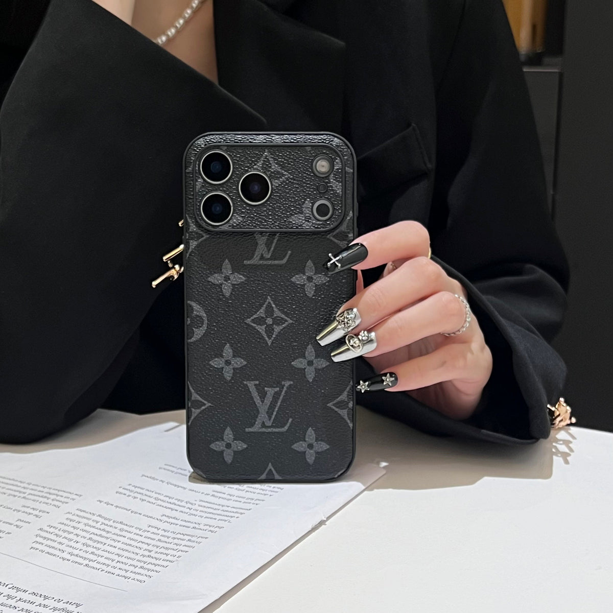 Black Leather Monogram iPhone Case For iPhone 17 Series-CRK251450