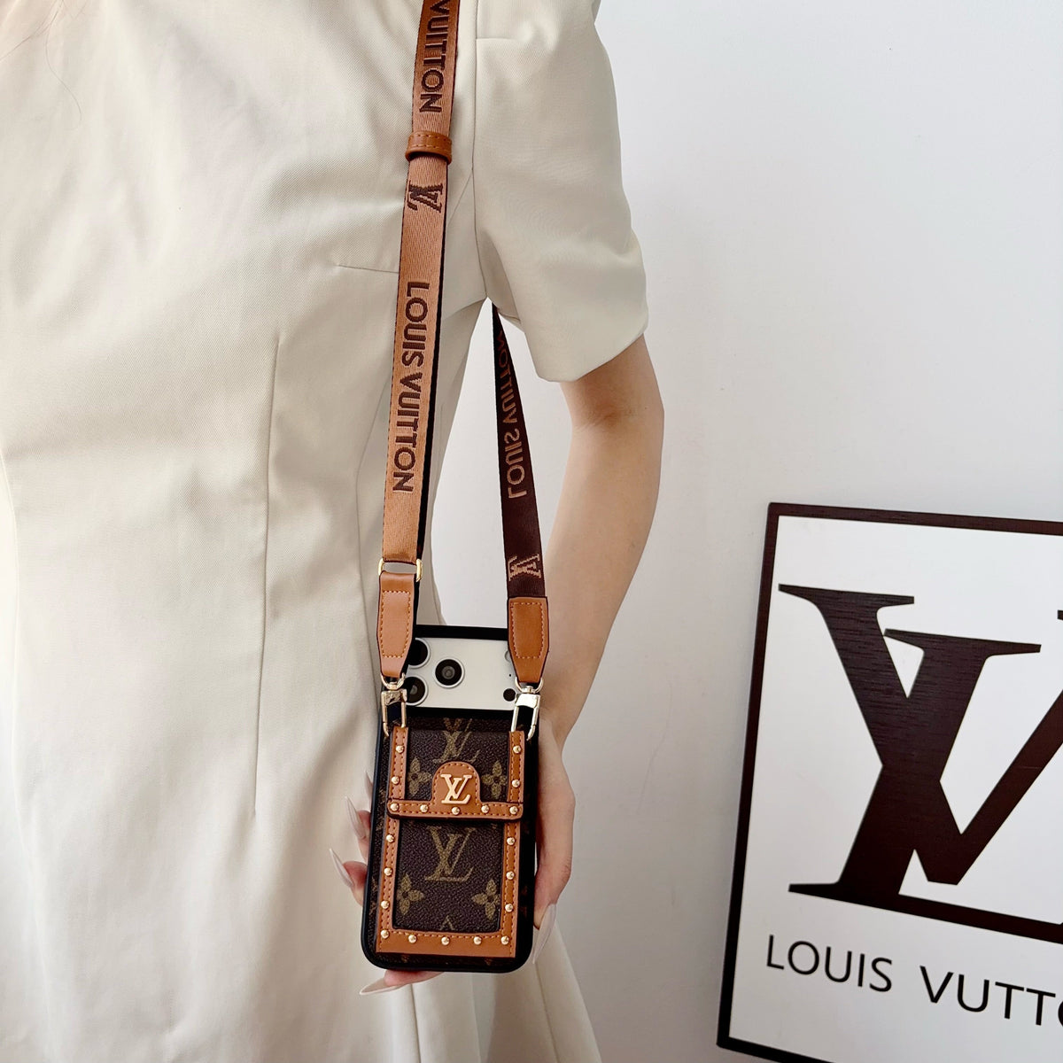 Premium Leather Monogram iPhone Case With Card Holder And Crossbody Strap For iPhone 17 Series-LA260039