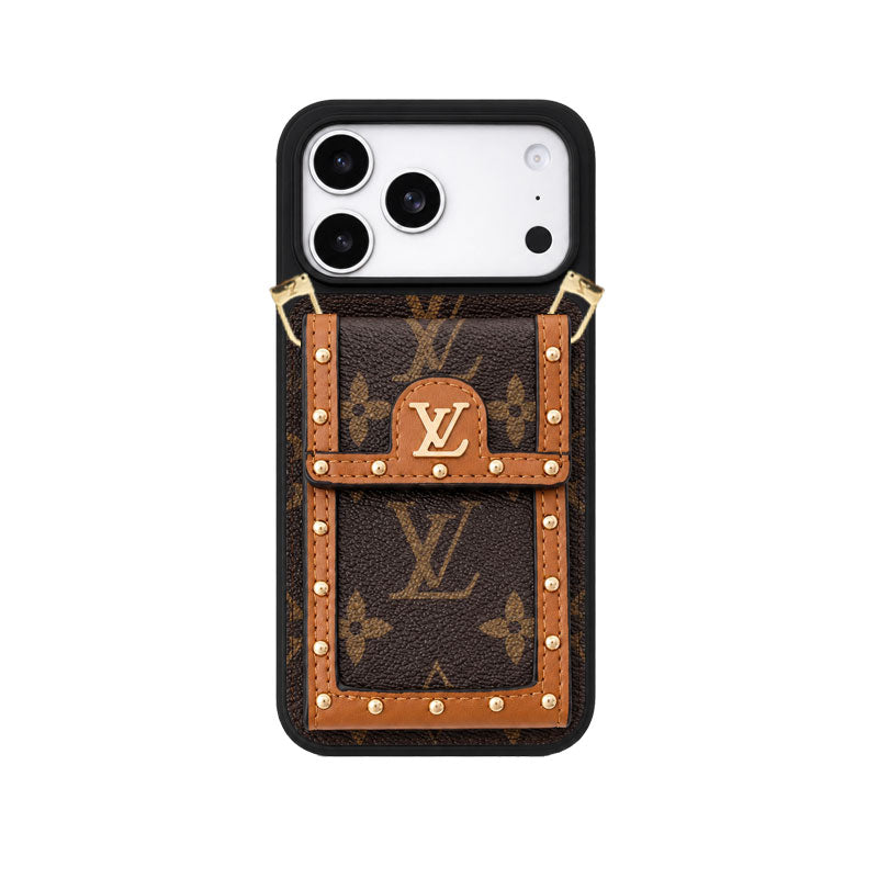 Premium Leather Monogram iPhone Case With Card Holder And Crossbody Strap For iPhone 17 Series-LA260039