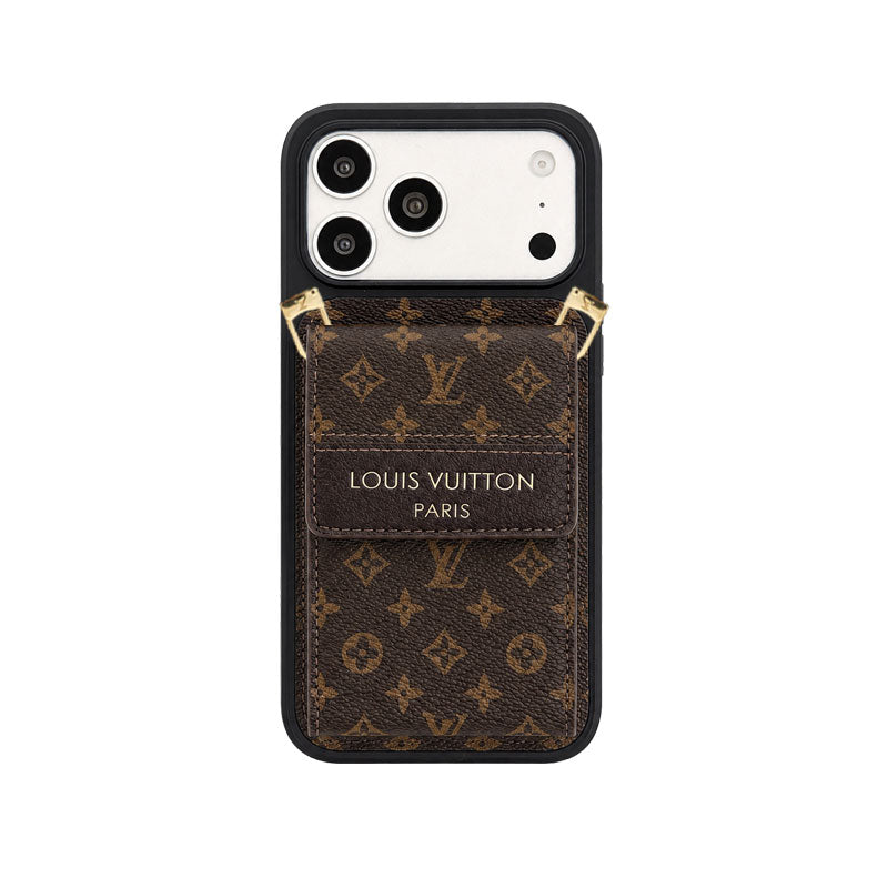 Luxury Leather Monogram iPhone Case With Card Holder And Crossbody Strap For iPhone 17 Series-LA260042