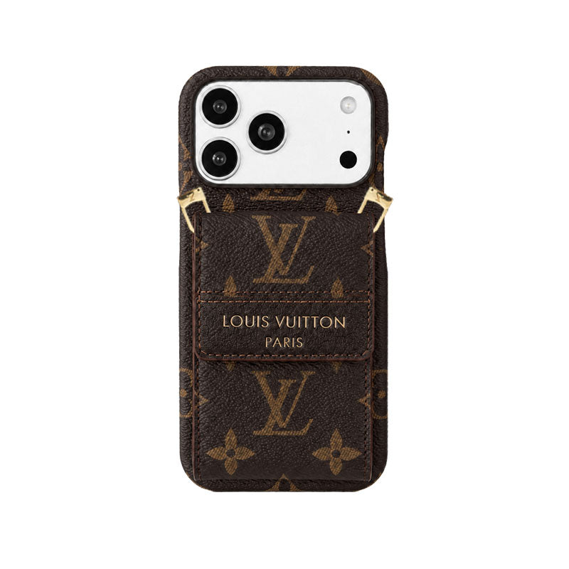 Classic Leather Monogram iPhone Case With Card Holder And Crossbody Strap For iPhone 17 Series-LA260041