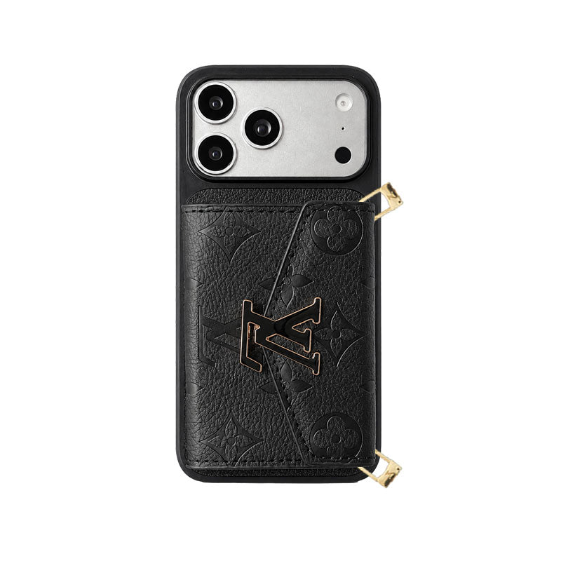 Premium Leather Monogram iPhone Case With  Card Holder And Crossbody Strap For iPhone 17 Series-LA260043