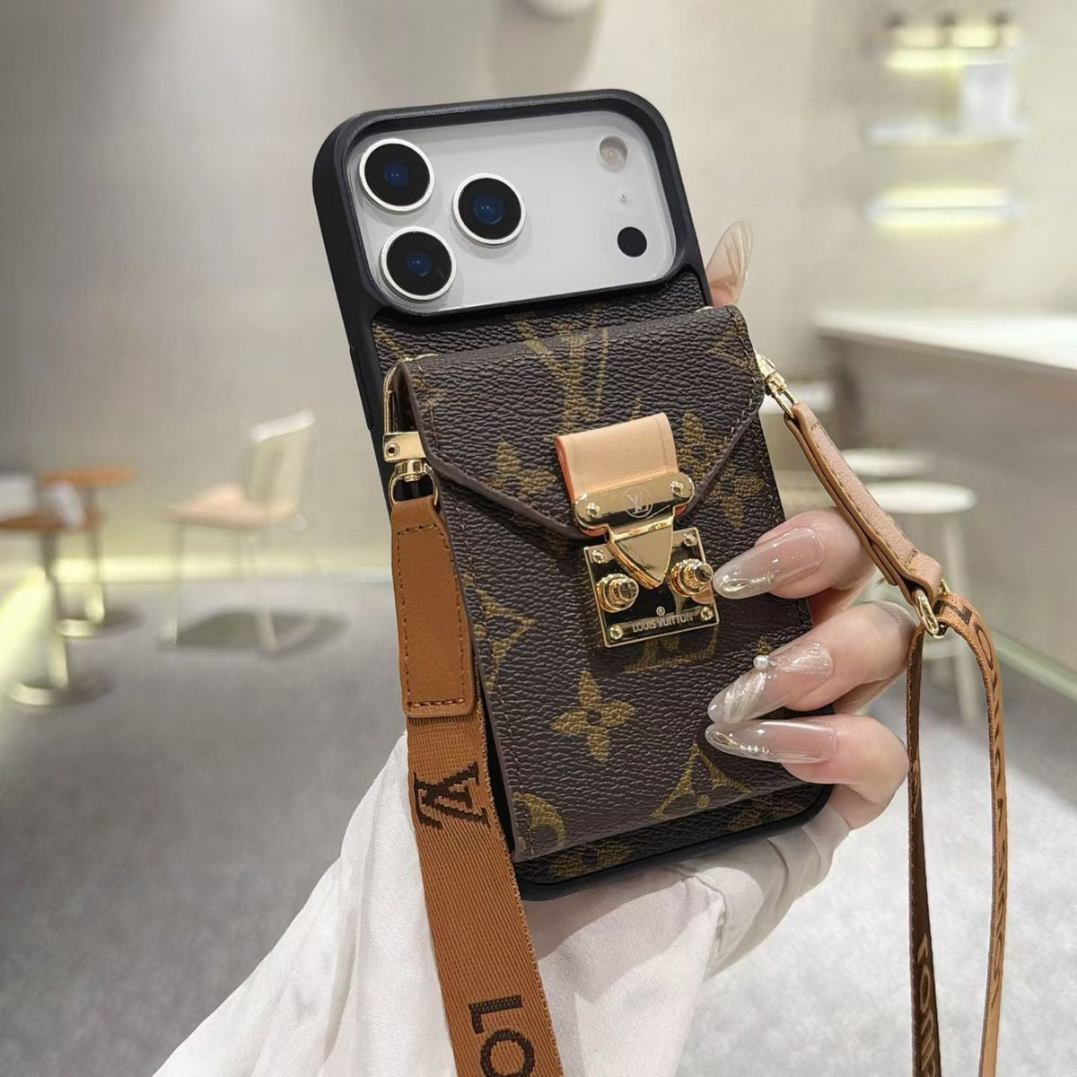 Premium Leather Monogram iPhone Case With Wallet And Crossbody Strap For iPhone 17 Series-LA260001