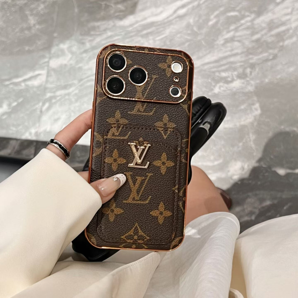 Elegant Leather Monogram iPhone Case With Card Holder For iPhone 17 Series-LA260036