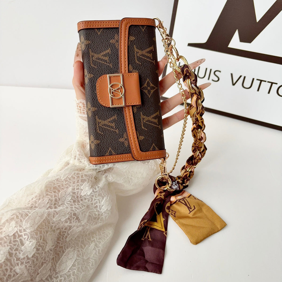 High-quality Leather Monogram iPhone Case With Flip Wallet And  Chain-LA260020